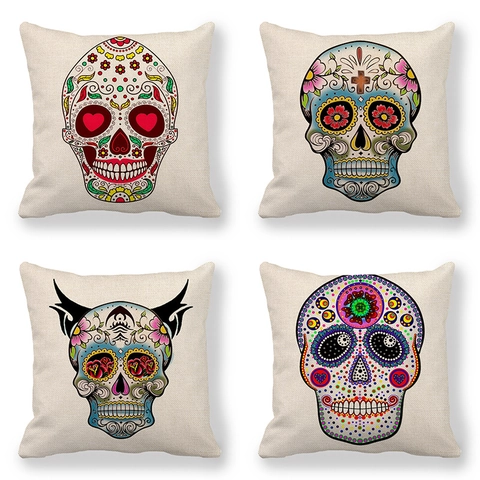 Funda De Almohada De Calavera De Azúcar Colorida Lino Bohemio Para Sofá Decoración Hogar Estampado Mexicano