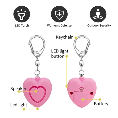 Allarme Di Sicurezza Personale A Forma Di Cuore ABS Emergenza Alto Decibel Autodifesa Portachiavi Con Luce LED
