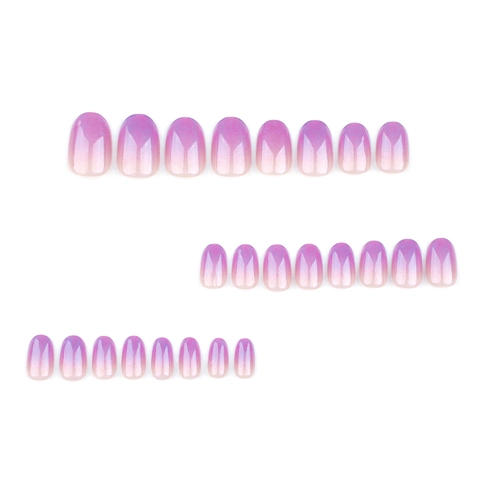 Purple Gradient Press On Nails Short Round Ombre Glitter Shimmer Fake Nail Tips Women Minimalist French Style