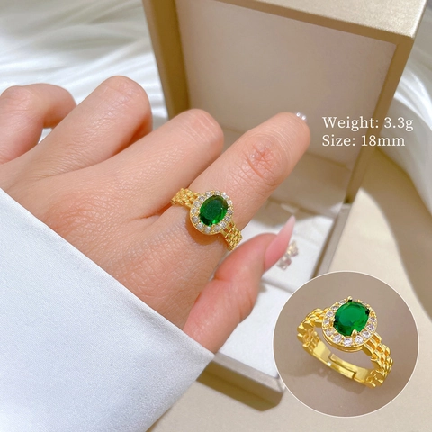 Green Gemstone Ring Gold Plated Brass Watch Chain Band Adjustable Open Ring Rhinestones Elegant Jewelry For Women