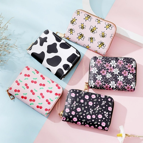 Women PU Leather Card Holder Zipper Accordion Wallet Printed Floral Animal Pattern Portable Organizer Small Clutch
