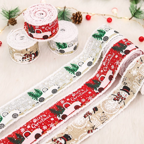 Weihnachtsband Dekoband Leinenoptik Mit Fransenrand Roter LKW Schneemann Druck Für Geschenkverpackung Festliche Dekoration