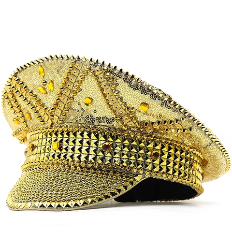 Sombrero De Capitán Lentejuelas Doradas Remache Diamantes De Imitación Sombrero Militar De Lujo Para Boda Fiesta Festival