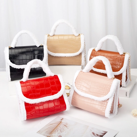 Crocodile Pattern PU Leather Handbag With Plush Trim Gold Chain Strap Elegant Crossbody Bag For Women