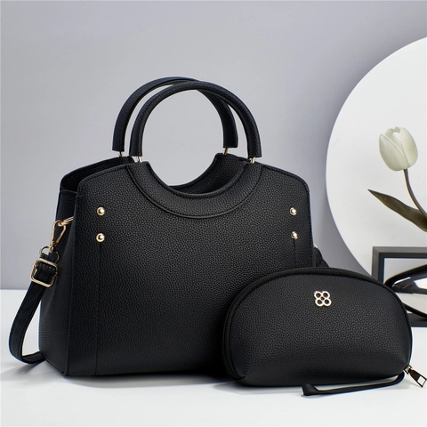 Women Litchi Texture PU Leather Matching Bag Handbag And Pouch With Gold Rivets Retro Style Large Capacity