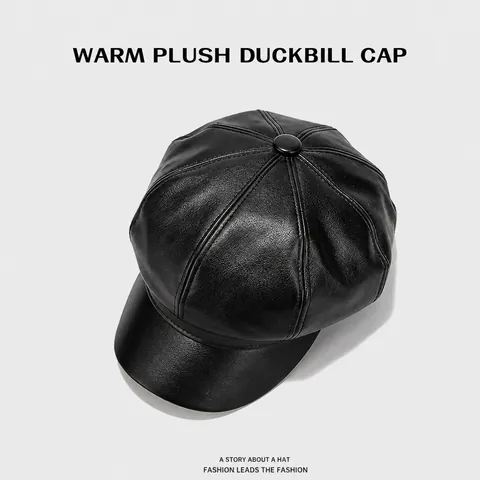 Casquette Gavroche Cuir PU Chapeau Octogonal Vintage Peintre Bonnet Hiver Chaud Pour Femmes Couleur Unie Style Rétro