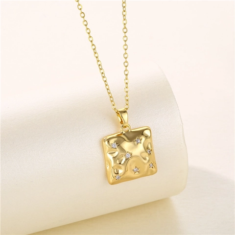 Stainless Steel Square Pendant Necklace With Zircon Star Lava Texture Geometric Clavicle Chain Jewelry For Women