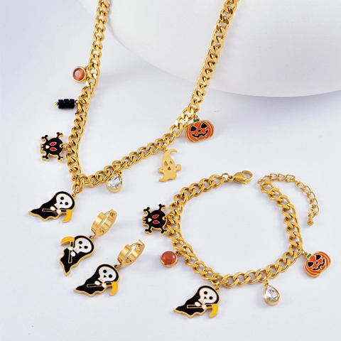 Set di Gioielli in Acciaio Inossidabile per Halloween Donna Zucca Teschio Fantasma Ciondolo Collana Bracciale Orecchini