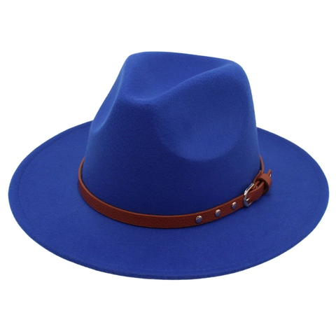 Classic Fedora Hat Wide Brim Felt Jazz Cap With Leather Band Metal Buckle Rivets Retro Style For Men Women