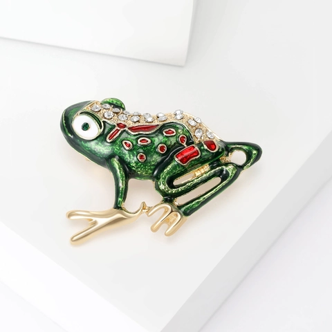 Cute Enamel Frog Brooch For Women Gold Plated Alloy Rhinestone Animal Lapel Pin Green Fashion Jewelry Gift Accessory