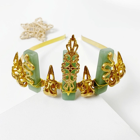 Cerchietto Corona Cristallo Avventurina Verde Metallo Dorato Serpente Teschio Corvo Gotico Strega Tiara Accessori Capelli