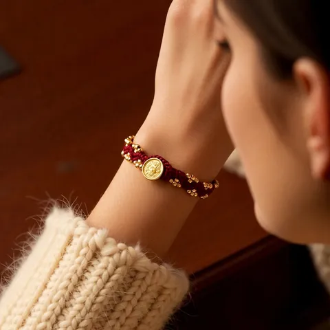 Woven Red String Bracelet With 24k Gold Plated Copper Beads And Medallion Pendant Retro Lucky Jewelry For Women