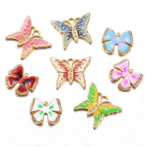 Stainless Steel Butterfly Charms Colorful Enamel Pendants With Rhinestones For DIY Jewelry Making Necklaces Earrings