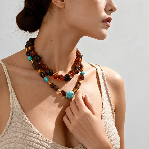 Collana Di Perline Bohémien Vintage Acrilico Legno Turchese Doppio Strato Gioielli Da Collo Retro Per Donne