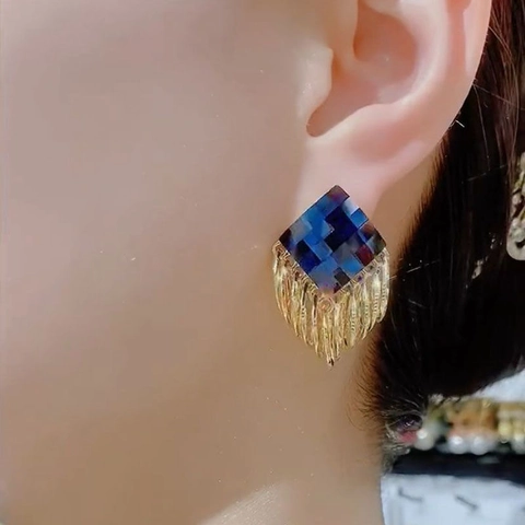 Chic Royal Blue Rhinestone Rhombus Tassel Drop Earrings With 925 Sterling Silver Earring Post Gold Plated Women Jewelry
