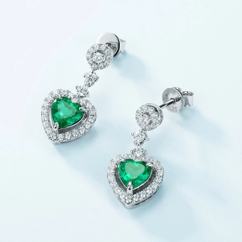 Vintage 925 Sterling Silver Heart Dangle Earrings With Lab-Created Emerald Zirconia Elegant Jewelry For Women Anniversary Gift