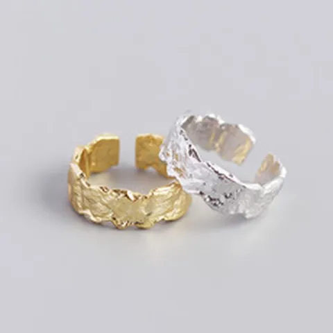 S925 Sterling Silver Irregular Foil Texture Open Ring For Women Minimalist Adjustable Hammered Pattern Fashion Jewelry