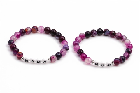 Bracciale Di Perle In Agata Striata Viola Con Perline Lettere Mom Mama Per Regalo Festa Della Mamma Gioielli Elastici