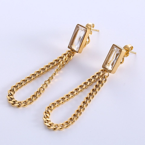 Boucles D'oreilles Pendantes Acier Inoxydable 316L Plaqué Or 18K Zircon Rectangulaire Femmes Chaîne Cubaine Bijoux