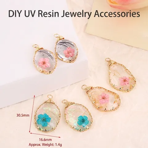 DIY Charms Handmade Resin Dried Flower Gold Foil Alloy Wrapped Oval Teardrop Pendants For Jewelry Making Accessory