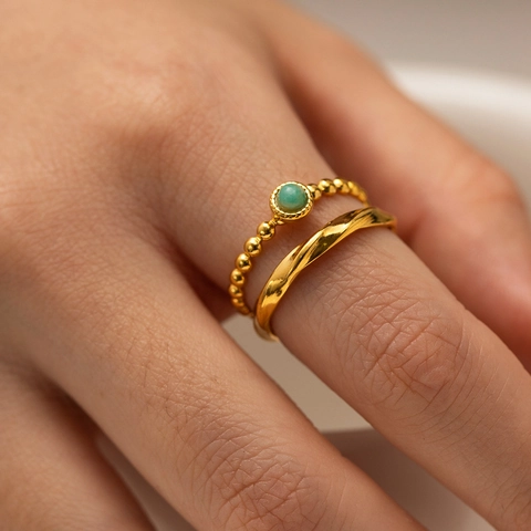 Layered Stainless Steel Ring 18K Gold Plated Green Amazonite Natural Stone French Vintage Retro Open Adjustable Women