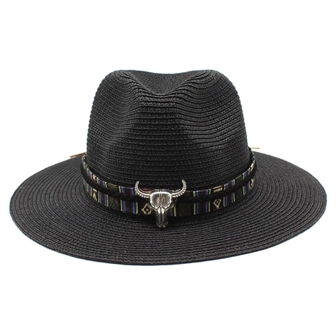 Straw Fedora Hat Wide Brim Sun Protection Western Cowboy Ethnic Woven Band With Bull Head Decor For Men Women