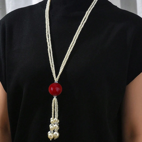 Elegante Collana Lunga a Più Strati in Perla Artificial d'Imitazione con Nappa per Donna in Lega e Strass Stile Vintage