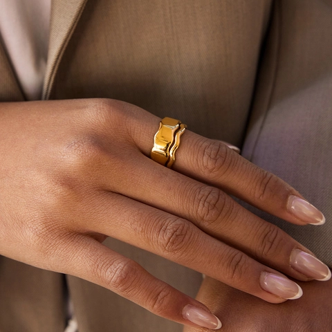 Stainless Steel 18K Gold Plated Wave Ring Irregular Minimalist Stackable Wide And Thin Band Rings For Women Fashion Jewelry