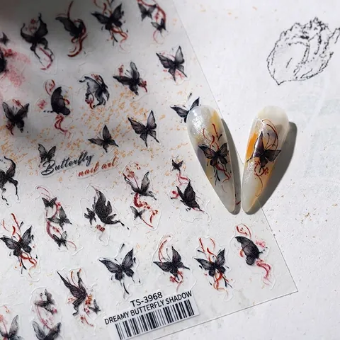 Butterfly Nail Art Stickers Ink Style Retro Gothic Design Self Adhesive Manicure Decals For DIY Decoration Women