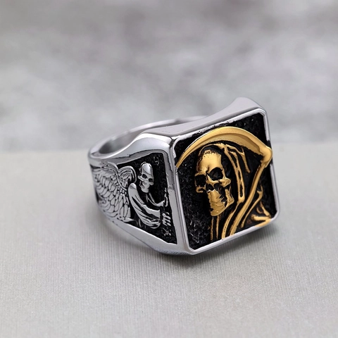 Grim Reaper Scythe Skull Ring Stainless Steel Gothic Punk Retro Signet Relief Wings Jewelry For Men Women