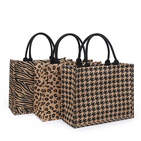 Bolso Grande De Yute Arpillera Bolsa De Compras Cremallera Estampado Leopardo Cebra Pata De Gallo Ecológico Playa Viaje Mujer