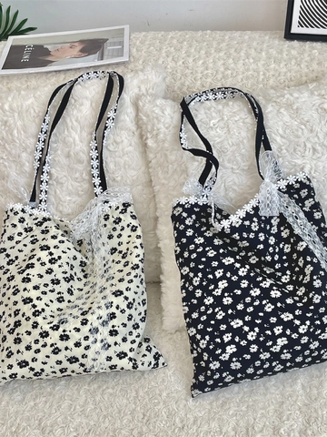 Borsa Tote In Tela Floreale Pizzo Patchwork Fiocco Borsa A Tracolla Cottagecore Stile Francese Dolce Cinghie Margherita