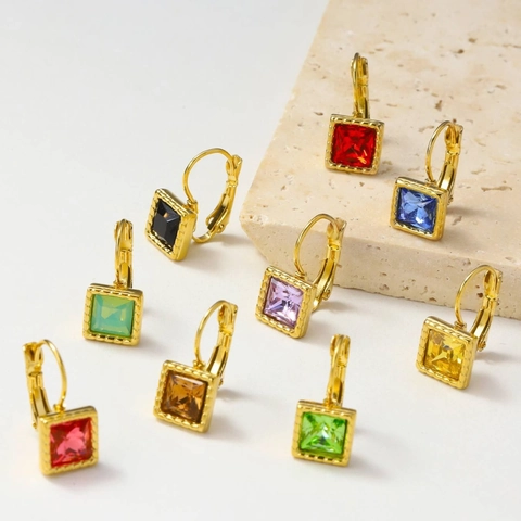 Vintage Square Zirconia Titanium Steel Earrings For Women 14K Gold Plated Colorful Leverback Earrings Fashion Ear Jewelry