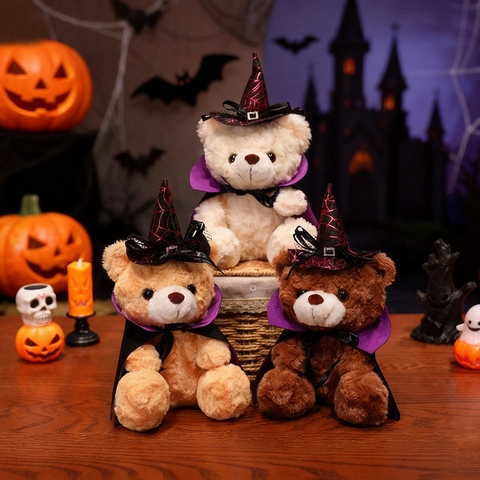 Halloween Teddy Bear Plush Toy Wizard Hat Cape Pumpkin Pattern Soft Stuffed Animal Kids Holiday Gift Party Decor