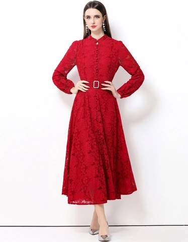 Elegantes Maxi Kleid Aus Spitze Stehkragen Laternenärmel Einreihig Retro Stil Langes Kleid Mit Gürtel Für Damen