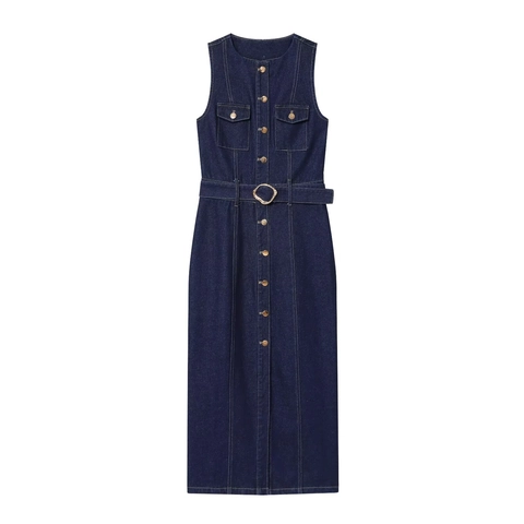 Vestito Lungo In Denim Senza Maniche Per Donna Blu Scuro Bottoni Dorati Vestibilità Aderente Casual Elegante Con Cintura
