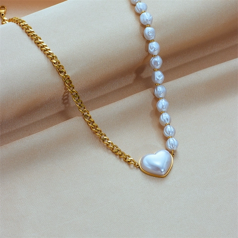 Collana Con Pendente a Cuore in Acciaio al Titanio Con Perla Artificiale Catena Asimmetrica Placcata Oro Gioielli Moda Donna