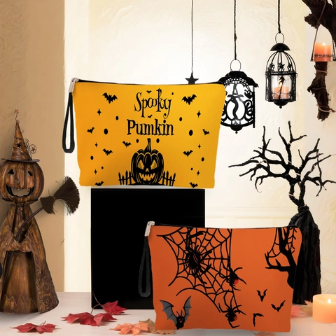 Halloween Makeup Bag Linen Zippered Cosmetic Pouch With Hand Strap Spooky Pumpkin Scarecrow Pattern Party Travel Bag