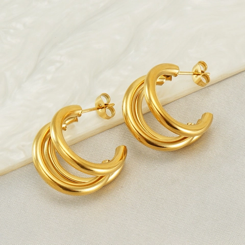 Geometric Multi Layer Hoop Earrings 18K Gold Plated Stainless Steel Triple Hoop Fashion Minimalist Chic Accessories Women