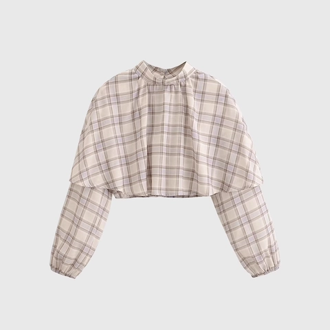 Damen Karierte Bluse Lagenlook Cape Top Stehkragen Langarm Kurz Geschnitten Polyester Elegant Süß Lässig