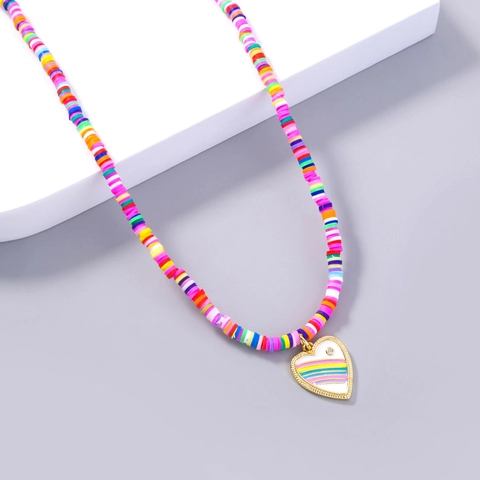 Collana Bohemien in Pasta Polimerica Multicolore da Donna Etnica Vintage Arcobaleno Ciondolo a Cuore Strass Gioielli Regalo
