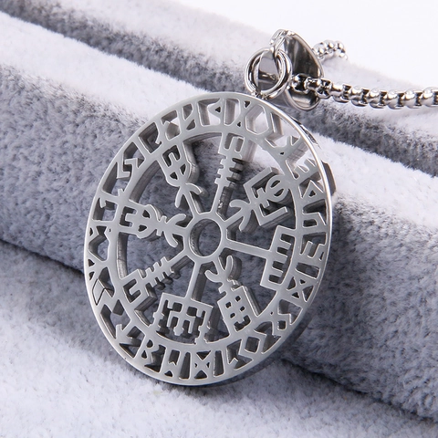 Viking Compass Pendant Necklace Stainless Steel Round Hollow Nordic Rune Retro Jewelry For Men Women
