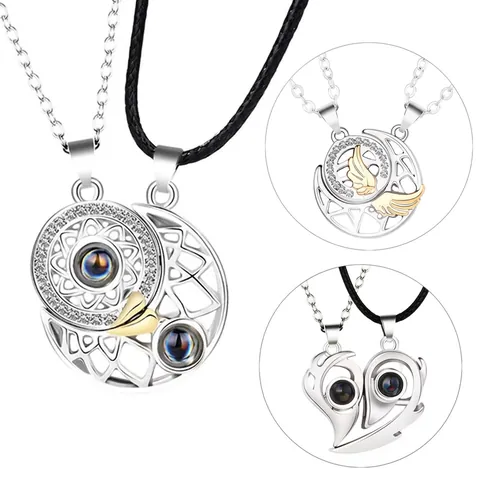 Collar Con Colgante de Proyección de Cobre y Acero Inoxidable Strass Sol Luna Corazón Atracción Magnética Joyería