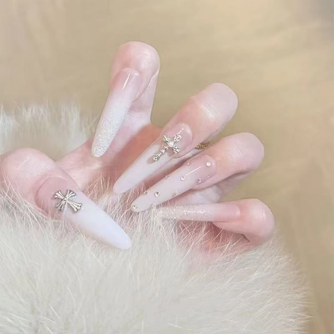 Press On Nails Long Stiletto Gradient White Pink Cross Charm Rhinestone Design Artificial False Nails Gothic Style