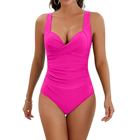 Women Ruched Swimsuit Polyester Tummy Control V Neck Sexy Backless Solid Color Beach Bathing Suit