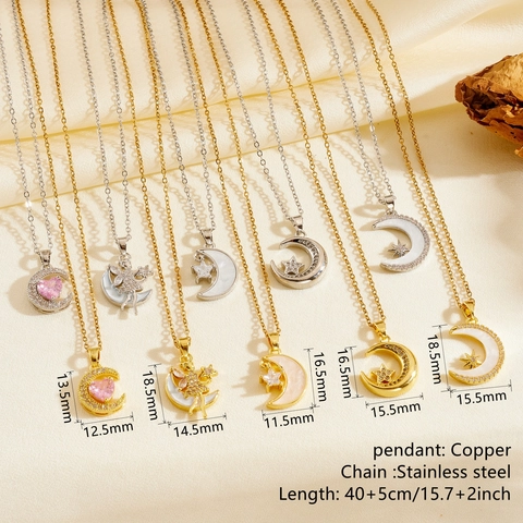 Collana Con Pendente In Acciaio Inossidabile E Rame Con Luna Stella Cuore Fata Zirconia Conchiglia Gioielli Da Donna