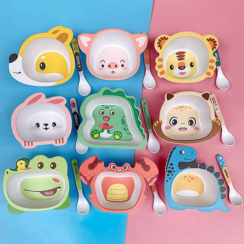 Cute Cartoon Animal Bamboo Fiber Kids Bowl And Spoon Baby Feeding Tableware Eco Friendly Toddler Dinnerware