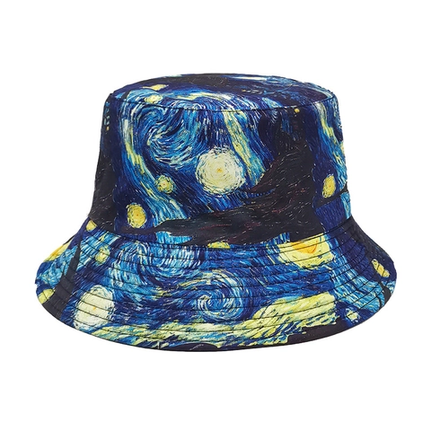 Omkeerbare Vissershoed Van Gogh Sterrennacht Olieverfprint Dubbelzijdig Zonbescherming Polyester Artistiek Unisex
