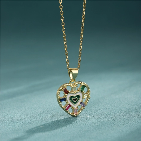 Edelstahl Herz Anhänger Halskette Mit Bunten Zirkonia Und Emaille Geometrischer Eleganter Schmuck Für Damen