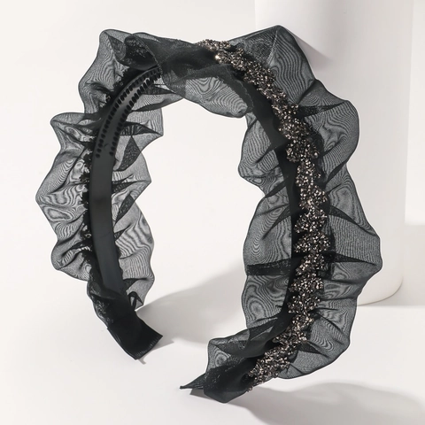 Diadema Ancha De Malla Plisada Con Pedrería Diadema De Moda Acolchada De Copa Alta Para Mujeres